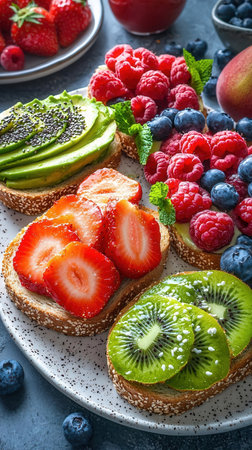 Healthy breakfast with toasts, berries and fruits, selective focus imageの素材