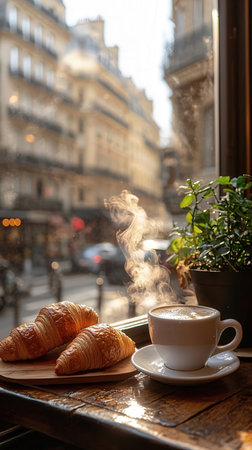 Cup of coffee and croissants on a table in Paris, Franceの素材