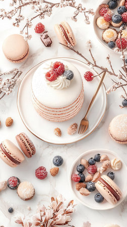 French macarons with berries on white marble table, top viewの素材