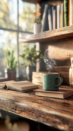 Cup of coffee on bookshelf in cozy home interior.の素材