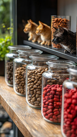 Pet food in glass jars on a wooden shelf in the kitchen.の素材