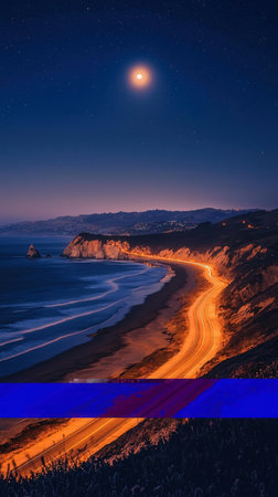 Fantastic night landscape. Full moon over the sea. Long exposure.の素材