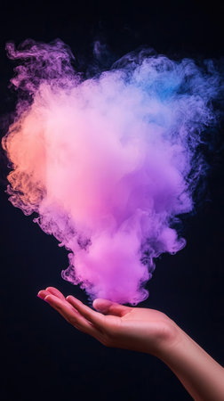 Purple and pink cloud of smoke in female hand on black backgroundの素材