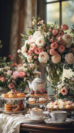 Beautiful table setting with cupcakes, tea and flowers in vaseの素材