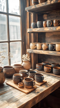 Clay pots and cups on the shelf in a rustic styleの素材
