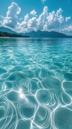 Beautiful seascape with clear water and mountains in the backgroundの素材