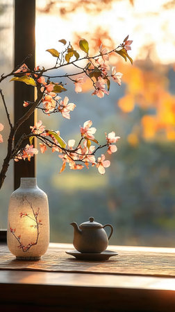 Cherry blossoms in vase and teapot on window sillの素材