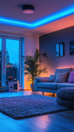 Interior of modern living room with blue and purple lighting. Nobody insideの素材