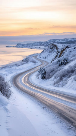 Beautiful winter landscape with a road on the coast of Norway.の素材