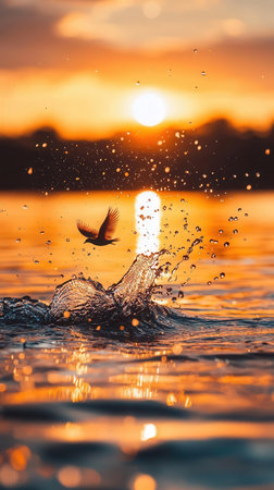 Flying bird in the water at sunset. Bird in the water.の素材