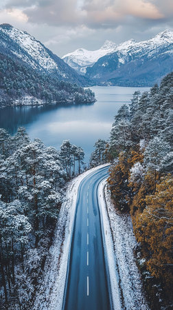 Aerial view of winter road in Norway, Scandinavia, Europe.の素材