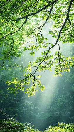 Fresh green leaves in the forest with sunbeams and lens flareの素材