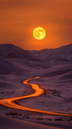 Sunset in the Sahara desert, Morocco, Africa. Moon rising over the Sahara desertの素材