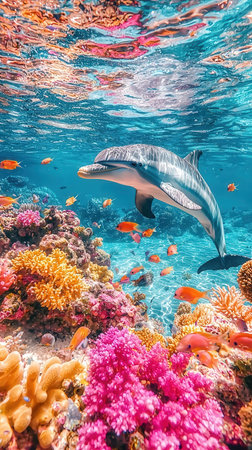 Dolphins and tropical fish on a colorful coral reef in the Red Seaの素材
