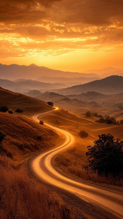Mountain road at sunset. Tuscany, Italy, Europeの素材