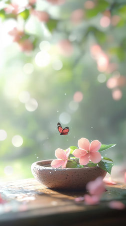 butterfly and flower on wooden table with bokeh backgroundの素材