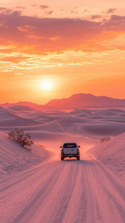 Car on sand dunes in the Sahara desert at sunset, Moroccoの素材