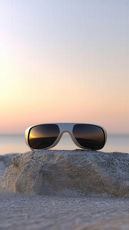 Sunglasses on the beach at sunset. 3d rendering.の素材