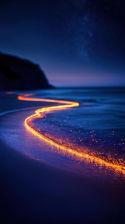 A long exposure photograph of a long exposure of a car light on the beachの素材