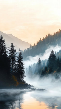 Foggy morning on a mountain lake with coniferous forest in the backgroundの素材