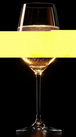 Glass of champagne with a yellow ribbon isolated on black background, close upの素材