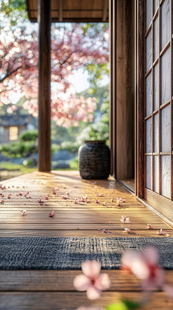 Japanese garden with cherry blossoms and a vase on the floorの素材