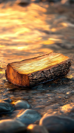 Wooden log on the river bank at sunset. Nature background.の素材
