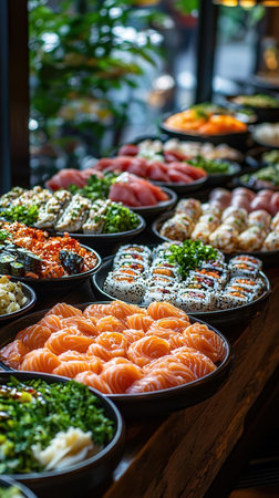 Japanese food on display at a buffet restaurant in Kyoto, Japan.の素材