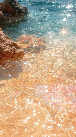 Beautiful sandy beach with crystal clear turquoise water and sun reflectionsの素材