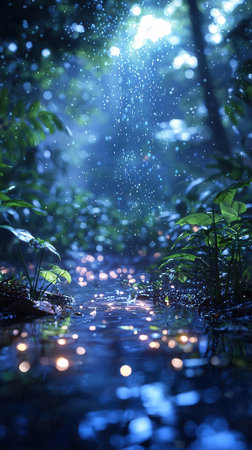 Conceptual image of rain forest with water drops and light beamsの素材