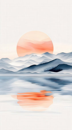 Landscape with mountains and sun on the water. Vector illustration.の素材