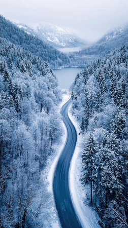 Beautiful winter landscape with frozen lake and forest in the mountains.の素材
