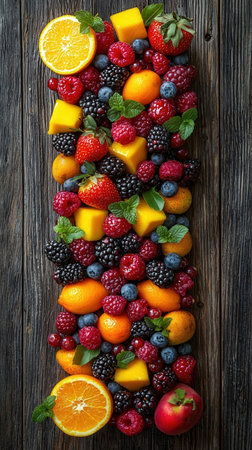 Mix of fresh berries on dark wooden background, top view, verticalの素材