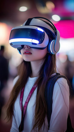 Beautiful asian woman wearing virtual reality glasses in shopping mall.の素材