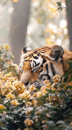 Close up of a tiger lying on the ground and eating yellow flowersの素材