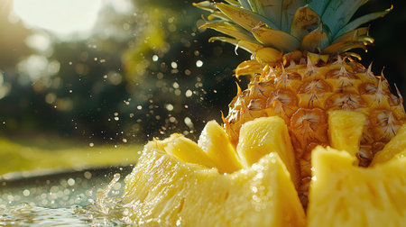 Pineapple fruit splashing in the water with water drops.の写真素材