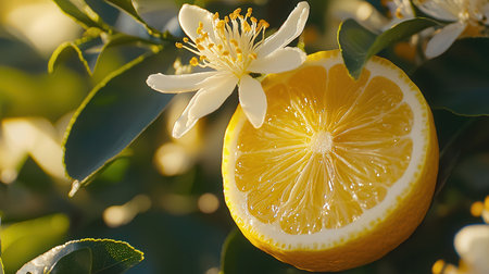 Lemon and orange blossom on lemon tree in the garden.の写真素材
