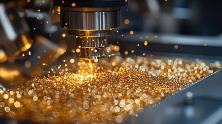 CNC milling machine cutting gold metal. CNC milling machine. Small depth of field.の素材
