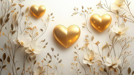 3d render of golden hearts with floral ornament on white background.の素材