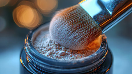 Makeup brush with powder in a jar on a blurred background.の素材