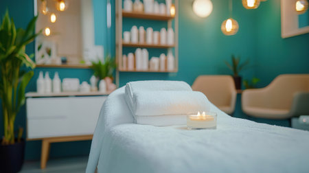 Spa salon with candles and towels on the table. Blur backgroundの素材