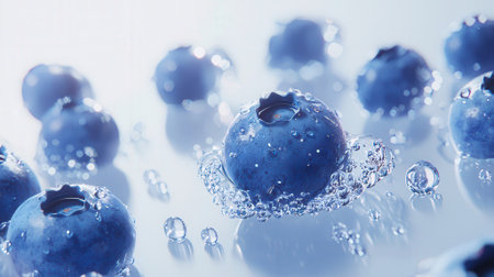 Blueberries with water drops on a blue background. Close-up.の素材