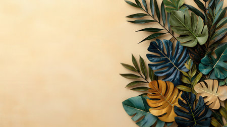 Tropical leaves on beige background. Flat lay, top view.の素材