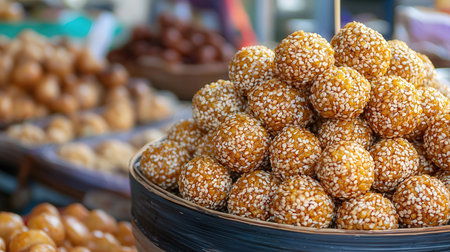Fried sweet potato balls with sesame seeds in the market.の素材