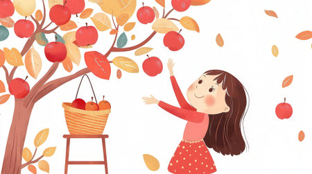 Cute little girl with basket of apples on the tree. Vector illustration.の素材