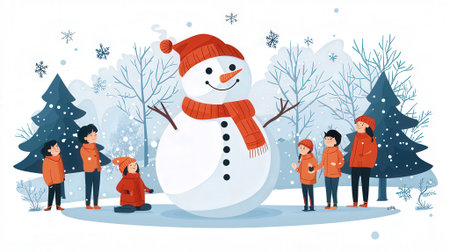 Family with children and snowman in winter park. Vector illustration.の素材