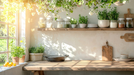Kitchen interior design with kitchen utensils and flowers in potsの素材