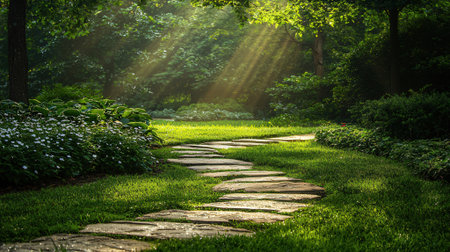 Pathway in the garden with sunbeams in the morning.の素材