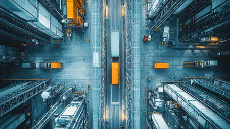 Aerial view of modern industrial warehouse and cargo transportation. Industrial backgroundの素材