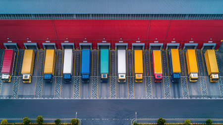Aerial view of container trucks loading and unloading in the portの素材